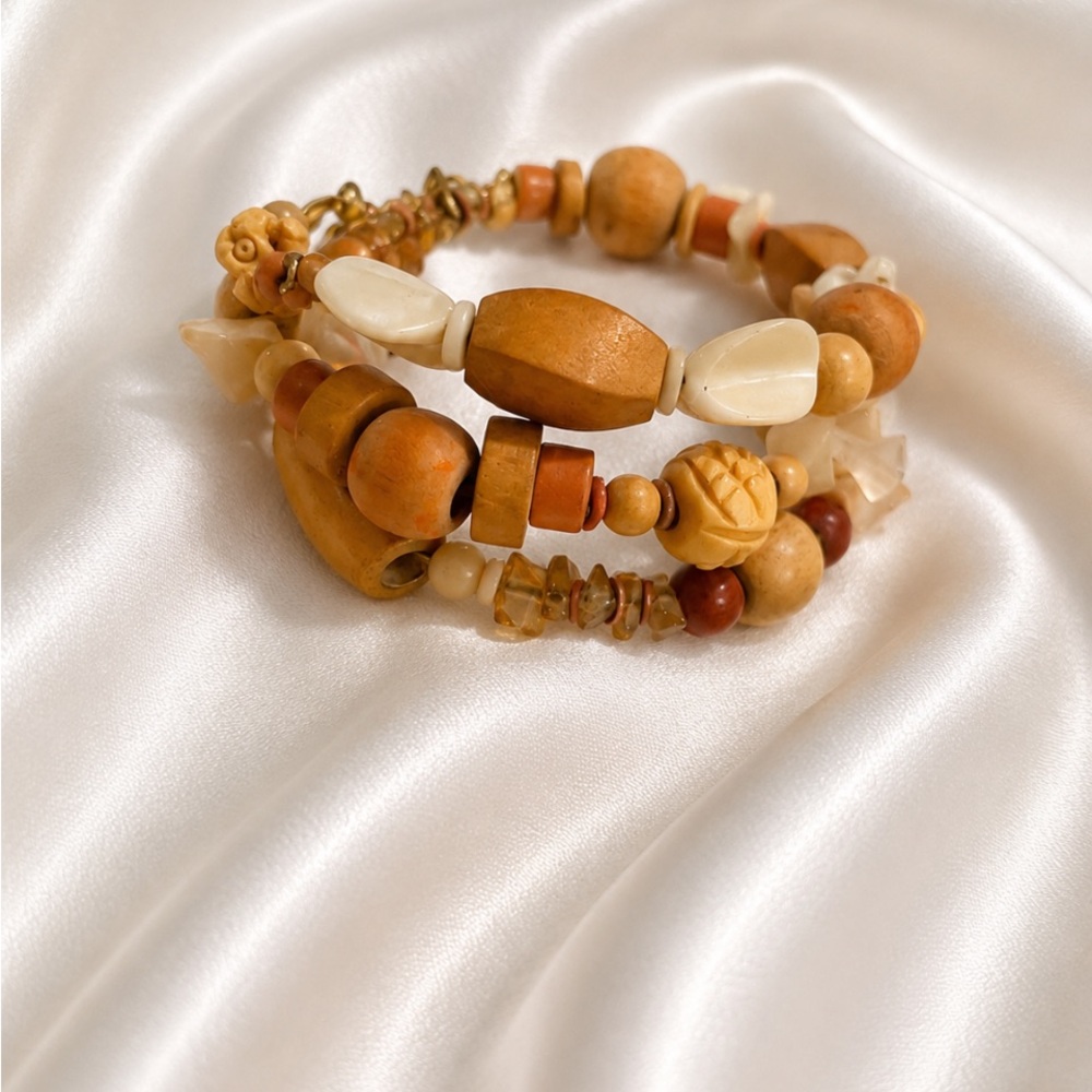 Boho Mixed Bead Statement Bracelet – Wood, Shell & Earth Tones